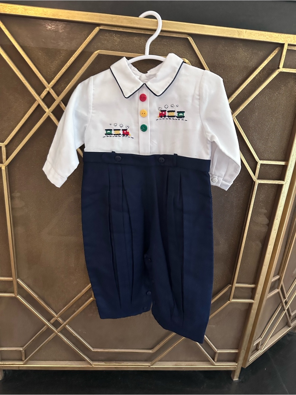 Sarah Louise embroidered train romper, baby boys size 3 months